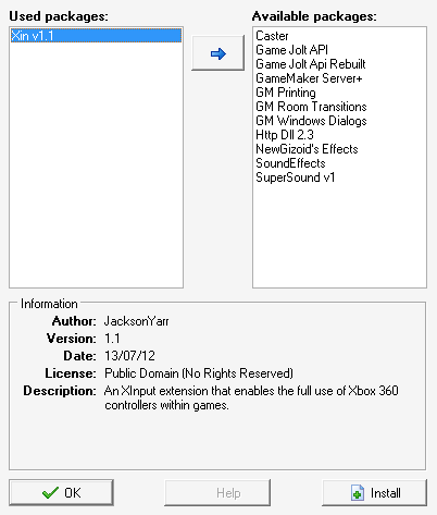 Extension Packages window with Xin v1.1 selected. The author of Xin is JacksonYarr and the license is set to Public Domain.